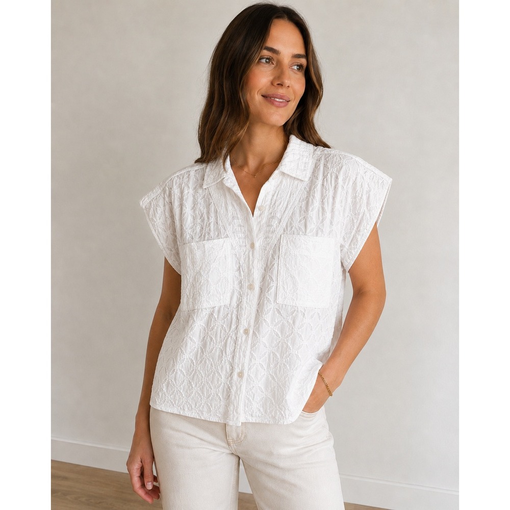 Joie White Embroidered Cotton Blouse Medium Textured Button Front Boho